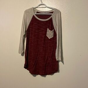 Nouvida base ball lace pocket burgundy and grey long sleeve t shirt med